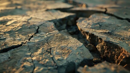 Close-up view of cracked earth surface highlighting drought effects, with golden sunlight illuminating the scene
