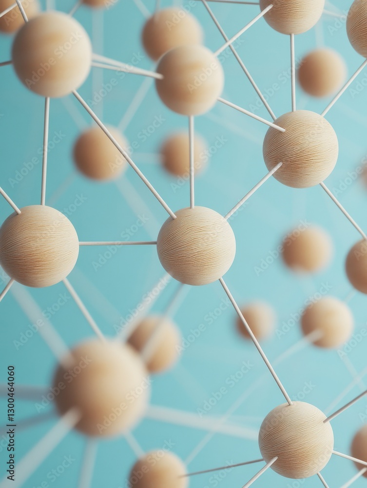 Poster abstract network structure with interconnected wooden spheres and strings on blue background, repres