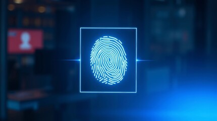 A glowing blue fingerprint scan represents digital security and biometric identification technology.