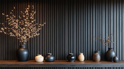 Serene arrangement of vases with floral elements against a dark, textured wall, evoking a sense of calm and natural beauty.