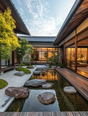 A beautiful zen garden featuring a water feature and landscape