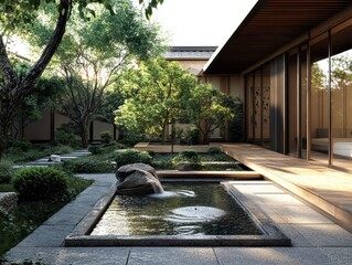 Obraz premium A serene Japanese garden featuring water feature and trees