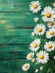 Fototapeta premium chamomile flowers on green wooden background