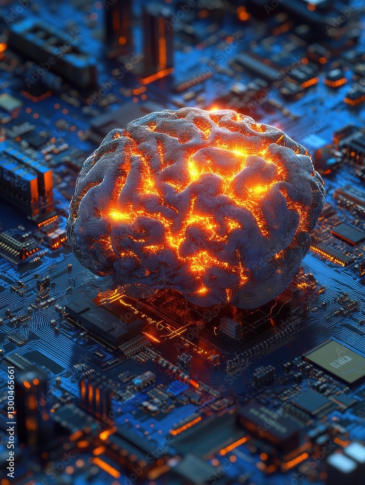 Aufkleber a wireframe brain with orange light nodes, embedded in a complex network of circuits on a blue elect