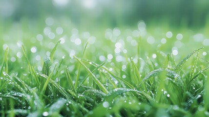 Obraz premium Dew-Covered Green Grass in Soft Morning Light