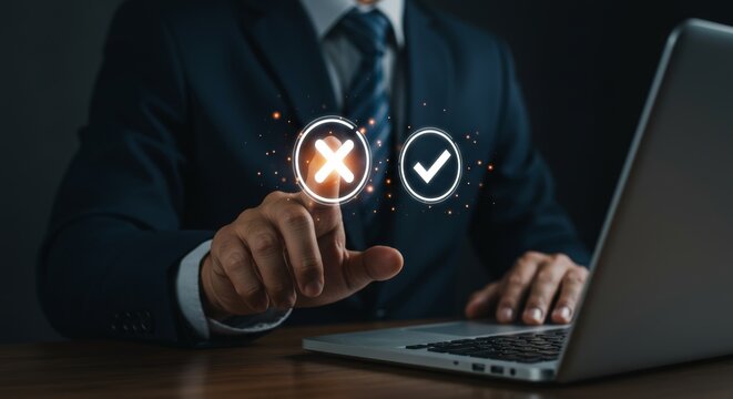 Business executive selecting options on a holographic interface for decision making