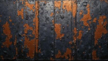 Rustic wooden planks with peeling dark blue and orange paint, textured background, copy space