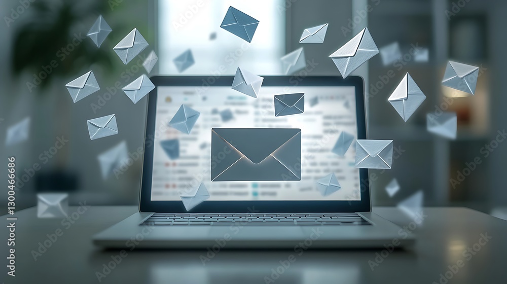 Poster digital communication and email overload concept, a laptop with an email icon on the screen, surroun