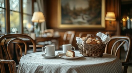 Cozy Café Setting with Coffee Cups, Fresh Pastries, and an Inviting Atmosphere Perfect for Morning Relaxation or Afternoon Delight in a Charming Interior