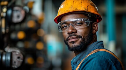 Confident worker in safety gear. Hard hat and glasses protect a focused professional in a factory setting. Prepared and ready to work.