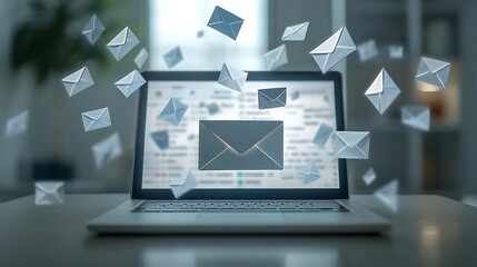 Digital Communication and Email Overload Concept, A laptop with an email icon on the screen, surrounded by floating envelope icons