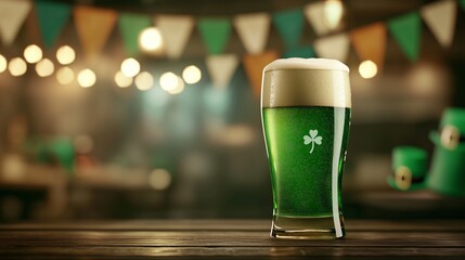 Enjoying a refreshing pint of green beer on a rustic wooden table during a lively celebration at a cozy pub