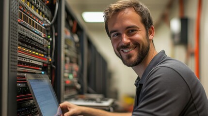 Server room. Technician works with equipment. Man smiles with tablet near racks. Computer system. Network service. IT infrastructure. Data center. Internet connection. System admin.