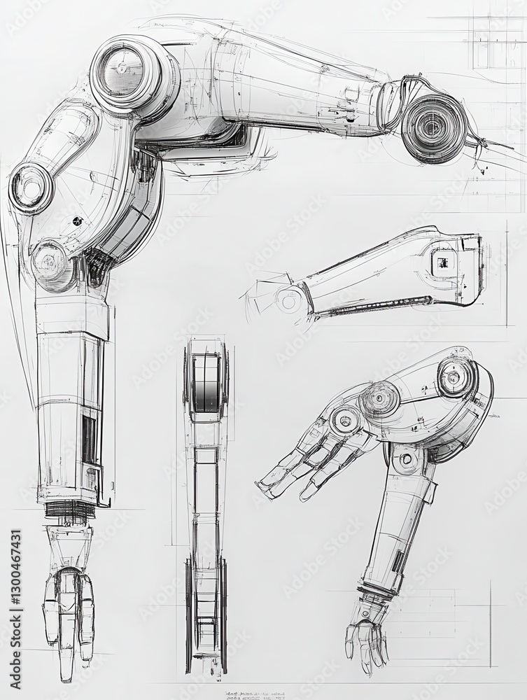 Poster wireframe model of a robotic arm in various stages of motion, engineering drawing, robotics design