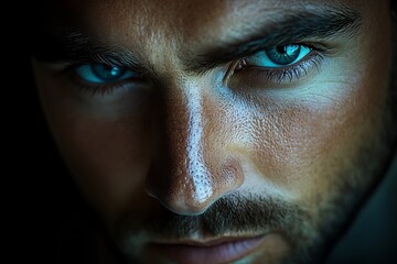 Man stares intensely, dark background