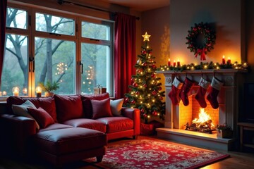 Cozy living room with Christmas tree, fireplace, and stockings, Christmas tree decor, living room furniture