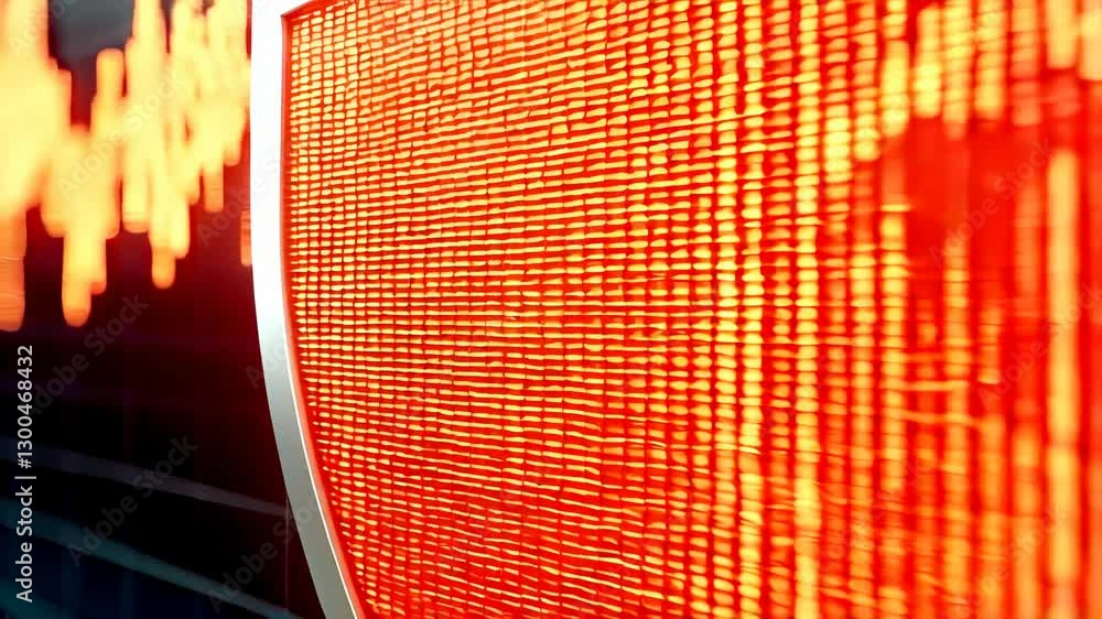 Poster glowing shield icon with digital data waves for cybersecurity and protection