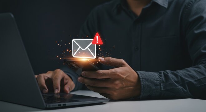Urgent digital message: Man with smartphone receives holographic email notification
