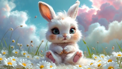 Cute White Rabbit Sitting Among Colorful Daisies Under a Bright Blue Sky
