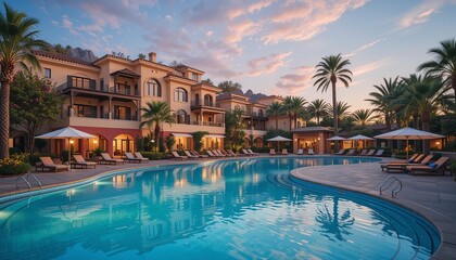 Luxury resort with pool and palm trees at sunset, embodying relaxation and sophisticated getaway. Perfect for tropical vacation vibes.