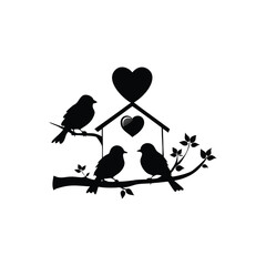 two birds on a branch with love icon.Valentines Day icon set vector illustration.

