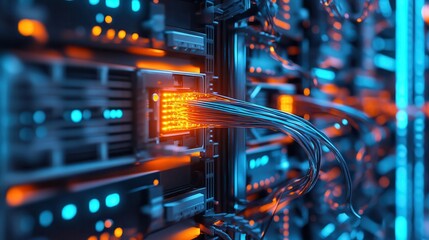 Digital Nerve Center: A close-up view of a network server, glowing with vibrant orange and blue lights, highlighting the intricate connections of fiber optic cables in a modern data center.