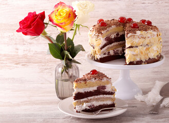 Chocolate, vanilla and cherry cake