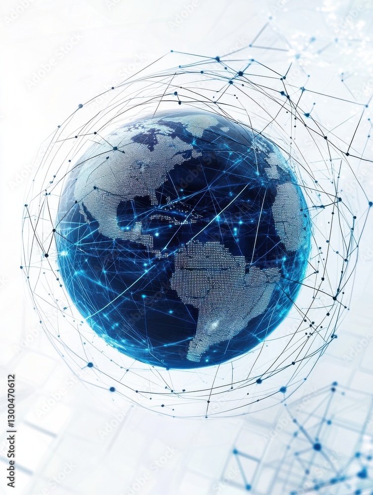 Poster a stylized digital globe with network lines on a white background with abstract square patterns repr