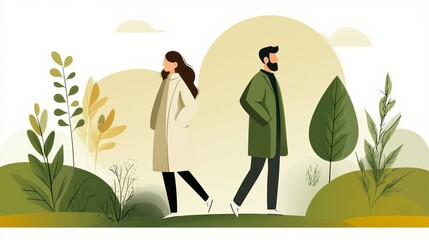 Couple enjoys a relaxing walk through picturesque forest path couple