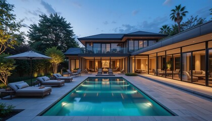 Fototapeta premium Luxury home with a pool at dusk. The exterior features lounge seating, large windows and a sleek architectural design. Serene and inviting.