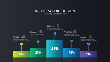 Statistics business 3d graph bar chart. Vector infographic with steps and options. Creative concept with 5 steps. Can be used for workflow layout, diagram, banner, web design.