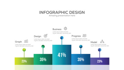 Statistics business 3d graph bar chart. Vector infographic with steps and options. Creative concept with 5 steps. Can be used for workflow layout, diagram, banner, web design.