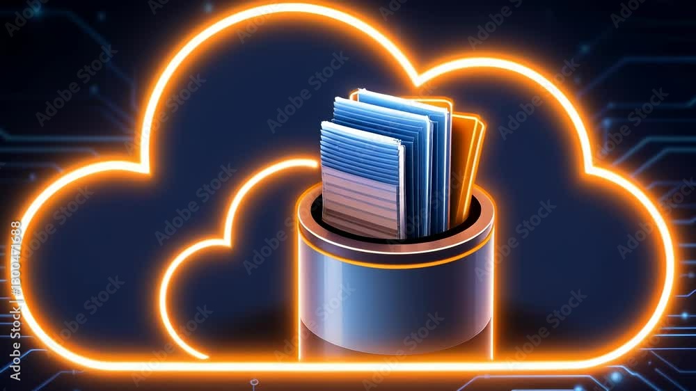 Poster cloud storage concept with glowing neon elements and digital files in futuristic background