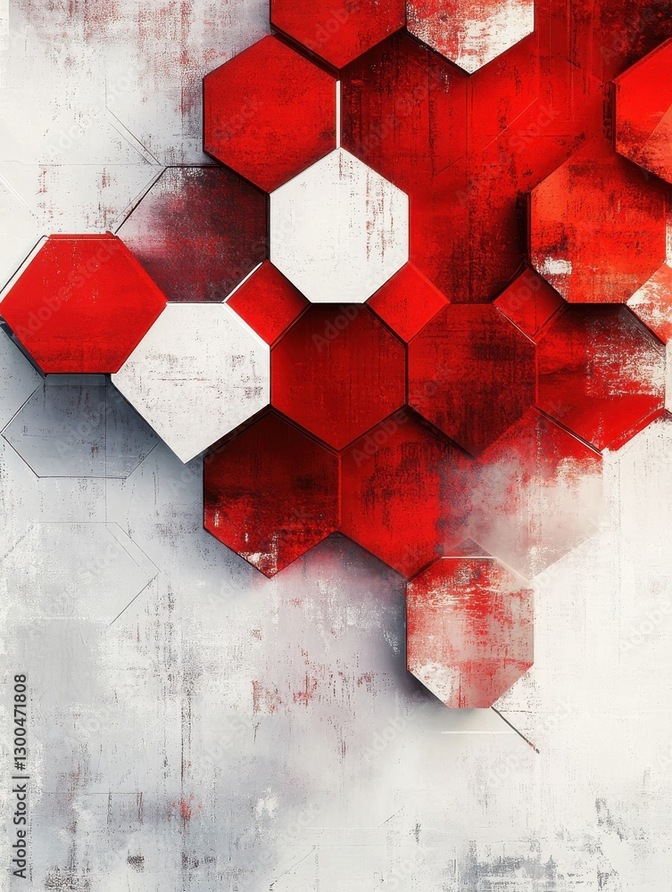 Poster an abstract arrangement of hexagonal shapes in shades of red and white, creating a modern and dynami