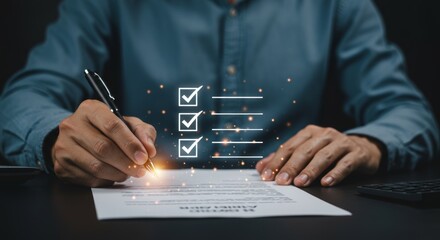 Effective project management: Business person checking off tasks on a digital checklist