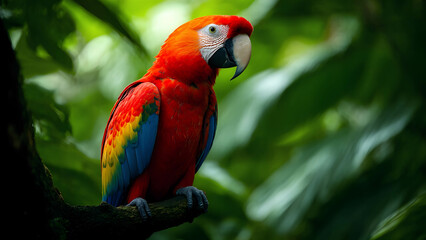 A vibrant scarlet macaw perched on a jungle branch, surrounded by lush green leaves