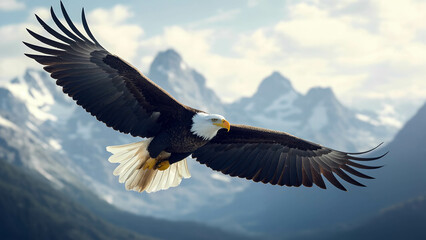 Obraz premium A bald eagle soaring through the sky, its wings fully extended against a backdrop of mountains