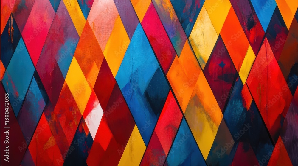 Poster vibrant abstract pattern composed of overlapping diamond shapes in various shades of red, orange, ye