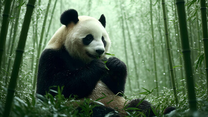 Obraz premium A giant panda sitting in a bamboo forest, peacefully munching on leaves