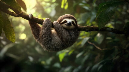 A slow-moving sloth hanging from a tree branch, surrounded by dense rainforest foliage