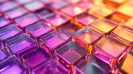 Neatly Aligned Glossy Cubes. Violet and Orange, Futuristic Tech Background. 3D Render.