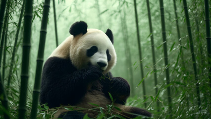 Obraz premium A giant panda sitting in a bamboo forest, peacefully munching on leaves
