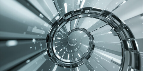 A spiral staircase made of translucent glass ascends into infinity against a minimalist gray backdrop; top-down angle captures the architectural