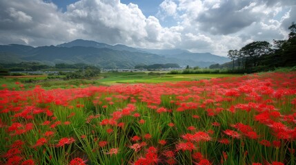 Vibrant Red Flowers Blooming in Lush Green Field Under Dramatic Cloudy Sky with Mountains in Background