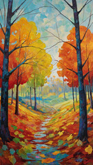This is a vibrant autumn themed painting. It features a pathway flanked by tall trees with leaves in bright shades of orange, yellow, and red.