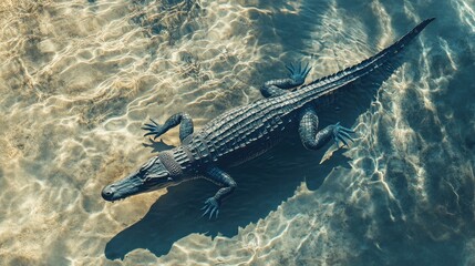 Obraz premium An aerial view of a crocodile swimming gracefully through a clear river, showcasing its sleek body and the rippling water below.