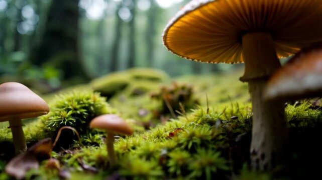 Enchanted Forest Mushrooms: A Close-Up View of Fungi in Mossy Woodland
