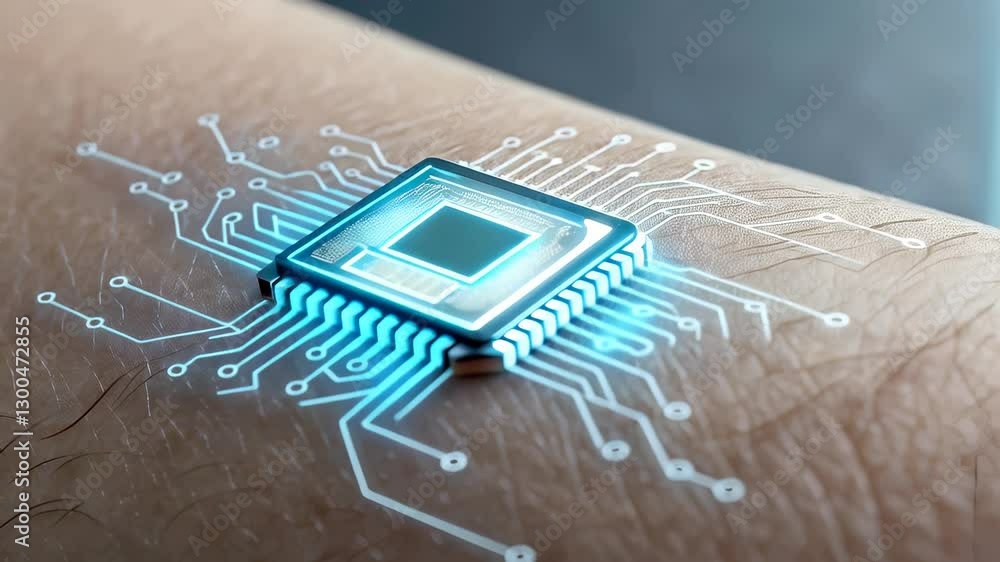 Poster glowing microchip embedded in human skin with futuristic technology and circuit lines