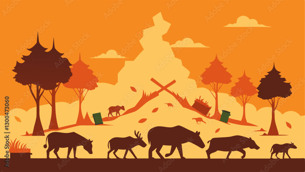 Poster wildlife displacement a visual ation of animals fleeing from a deforested area with visible destruct