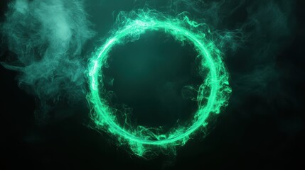 neon green abstract circle with smoke on dark background Bird Eye View